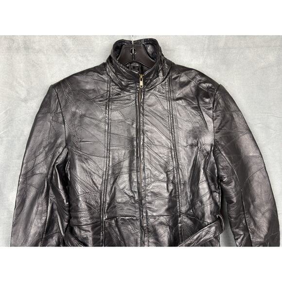 Navarre Leather Company Patchwork Piecework Coat Jacket Womens L Black Belted - Picture 4 of 16